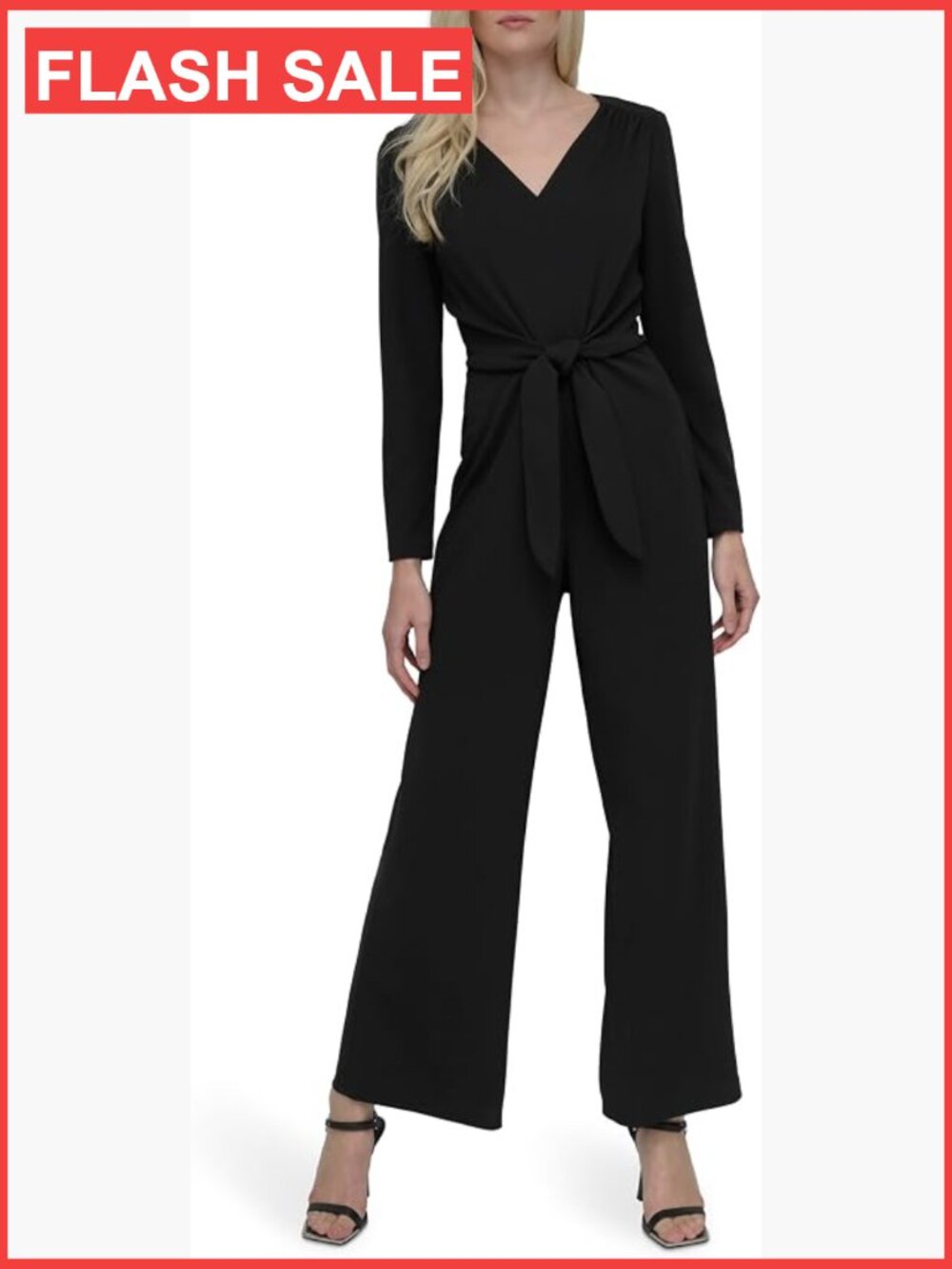 Long Sleeve V-Neck Tie Front Detail Straight Leg Jumpsuit, Size 6